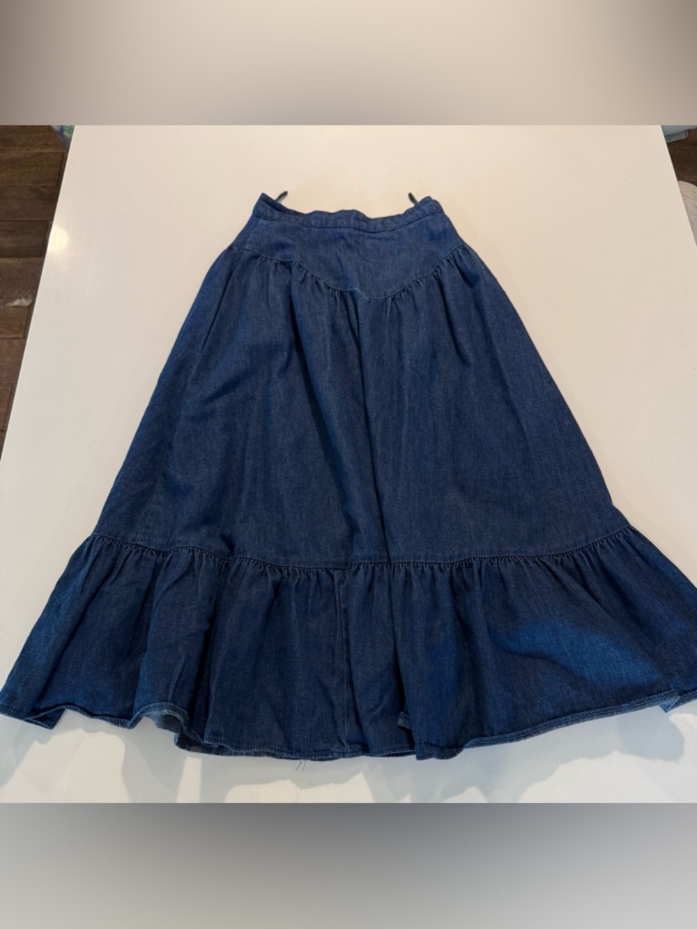 Vtg Gunne Sax Prairie Denim Skirt Cottagecore Western Yoke Tiered Midi Size XXS - Picture 2 of 11